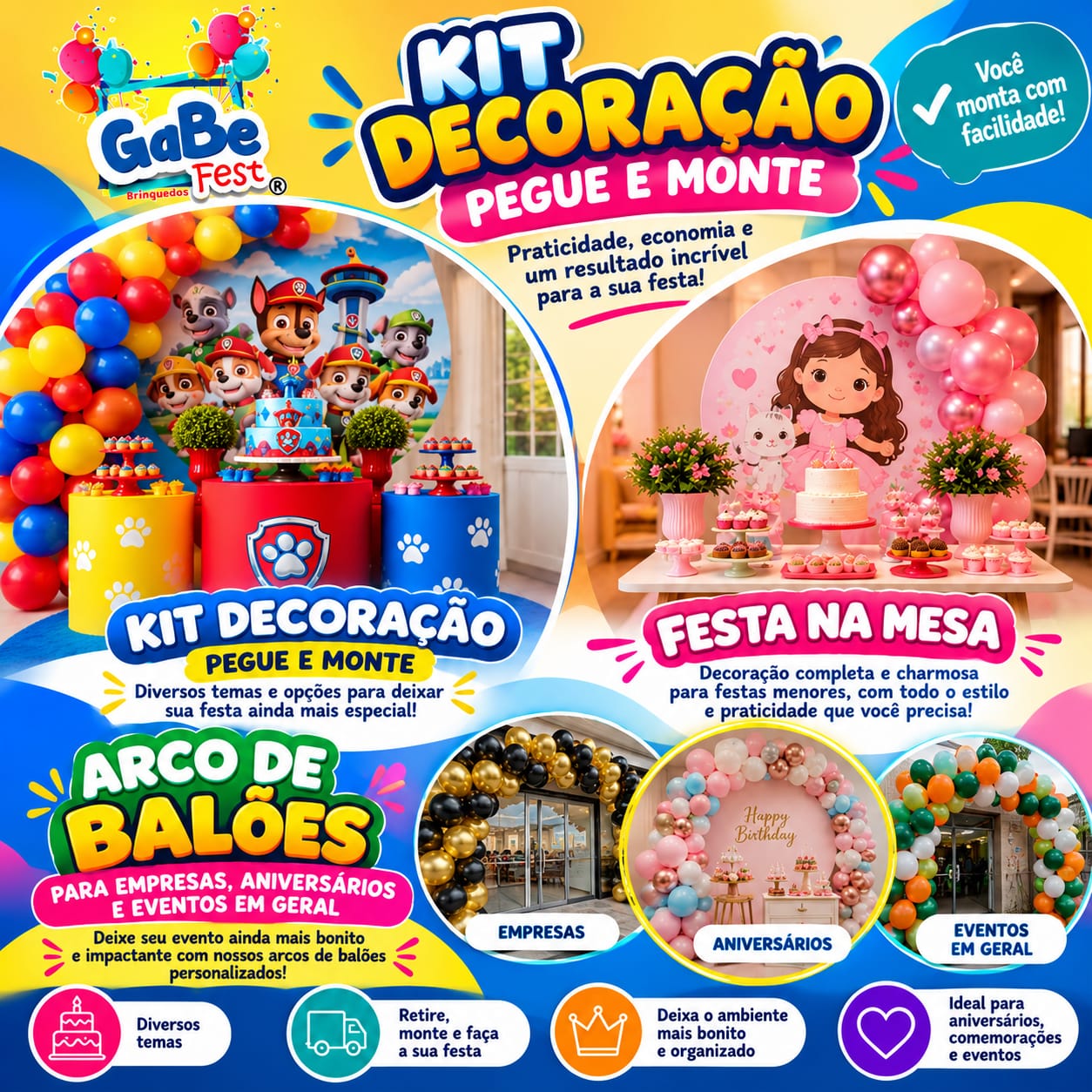 Kit Decoração Pegue e Monte, Festa na Mesa e Arco de Balões para empresas, aniversários e eventos